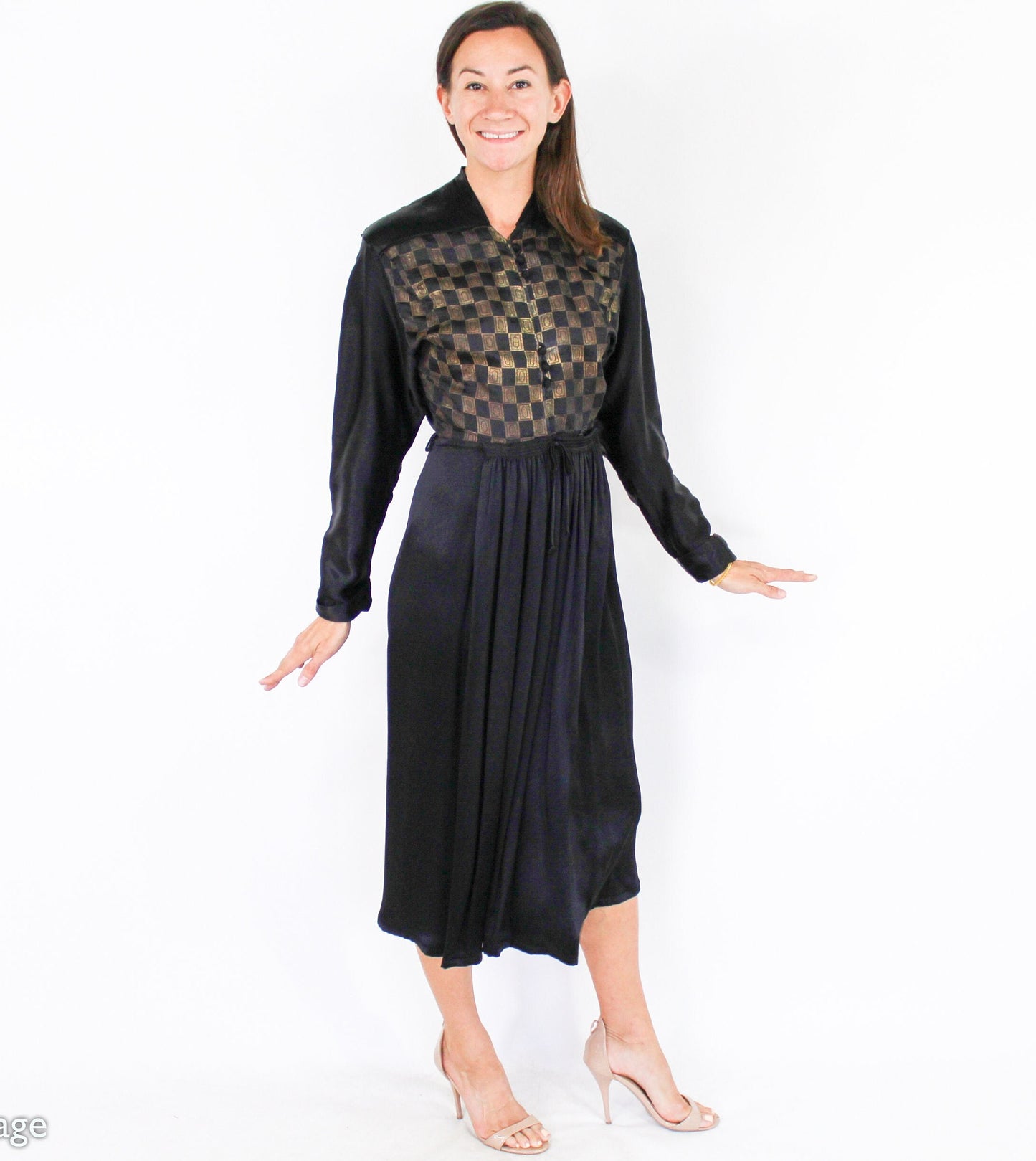 1940s Gold & Black Silk Dress | 40s Black Silk Embroidered Dress | Tula | Small