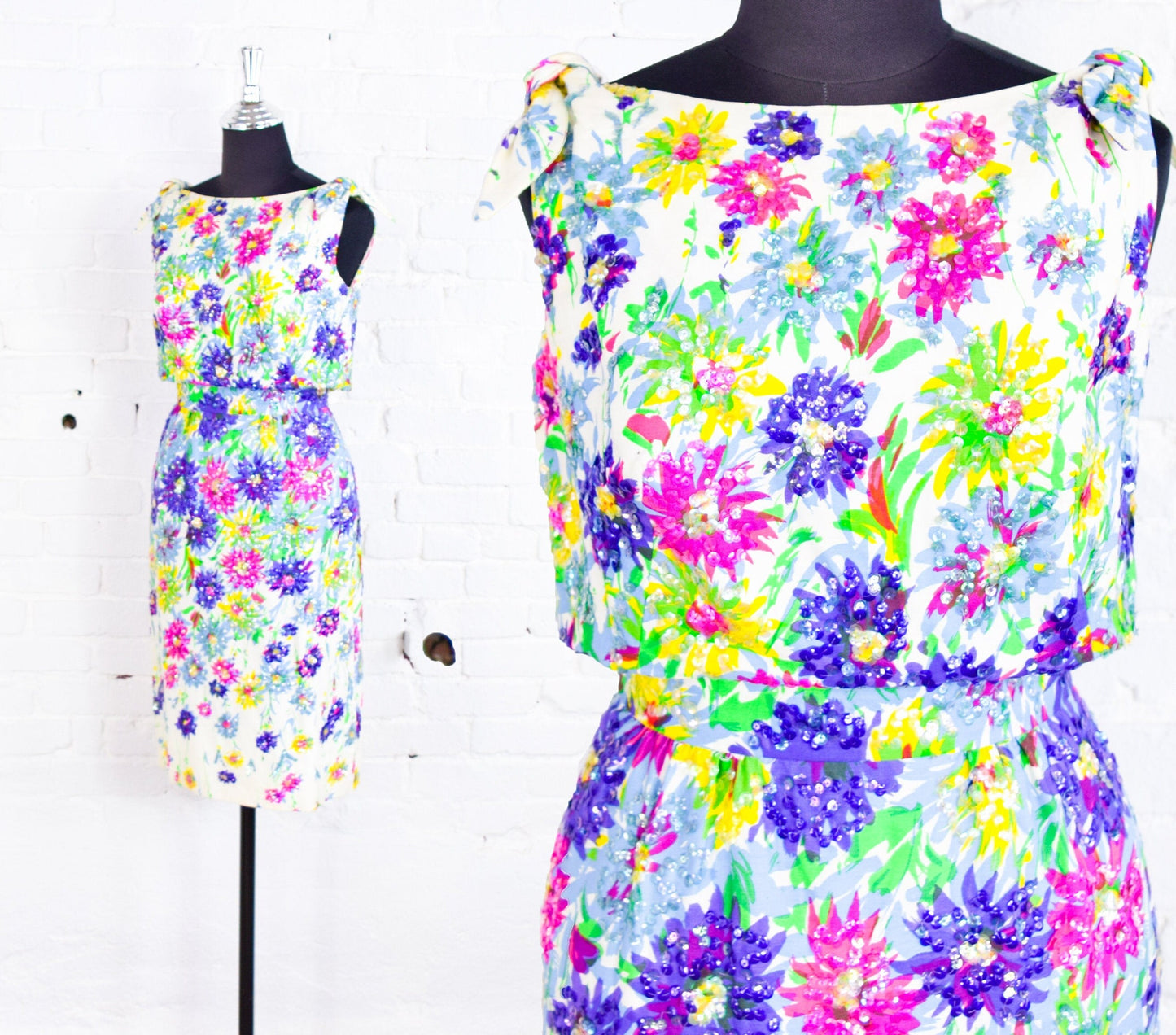 1950s Colorful Floral Sequin Party Dress, Small