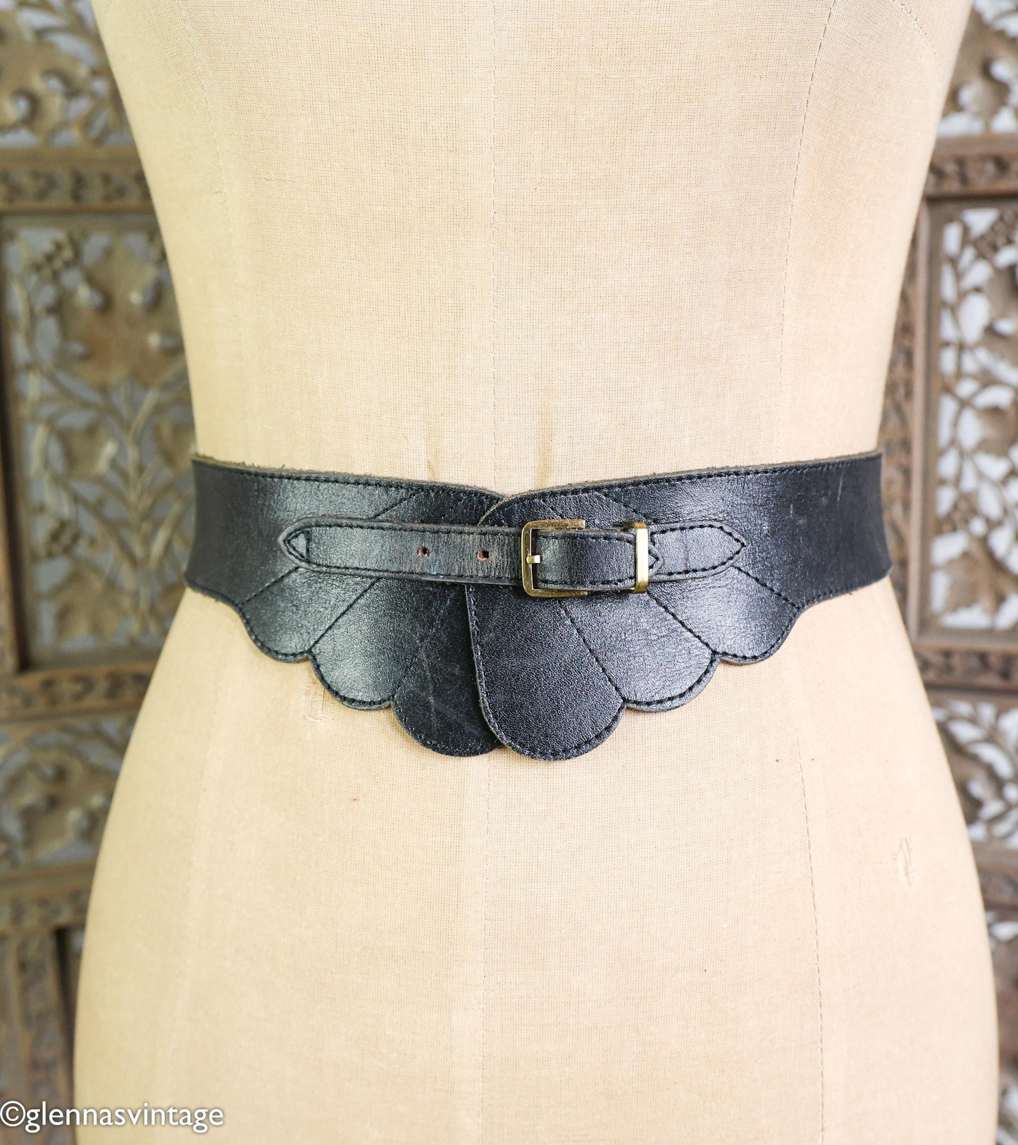 1950s Black Leather Scalloped Belt