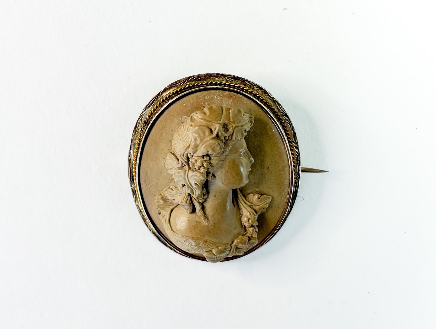 1930s Brown Carved Stone Cameo Brooch, Etched Bronze Frame