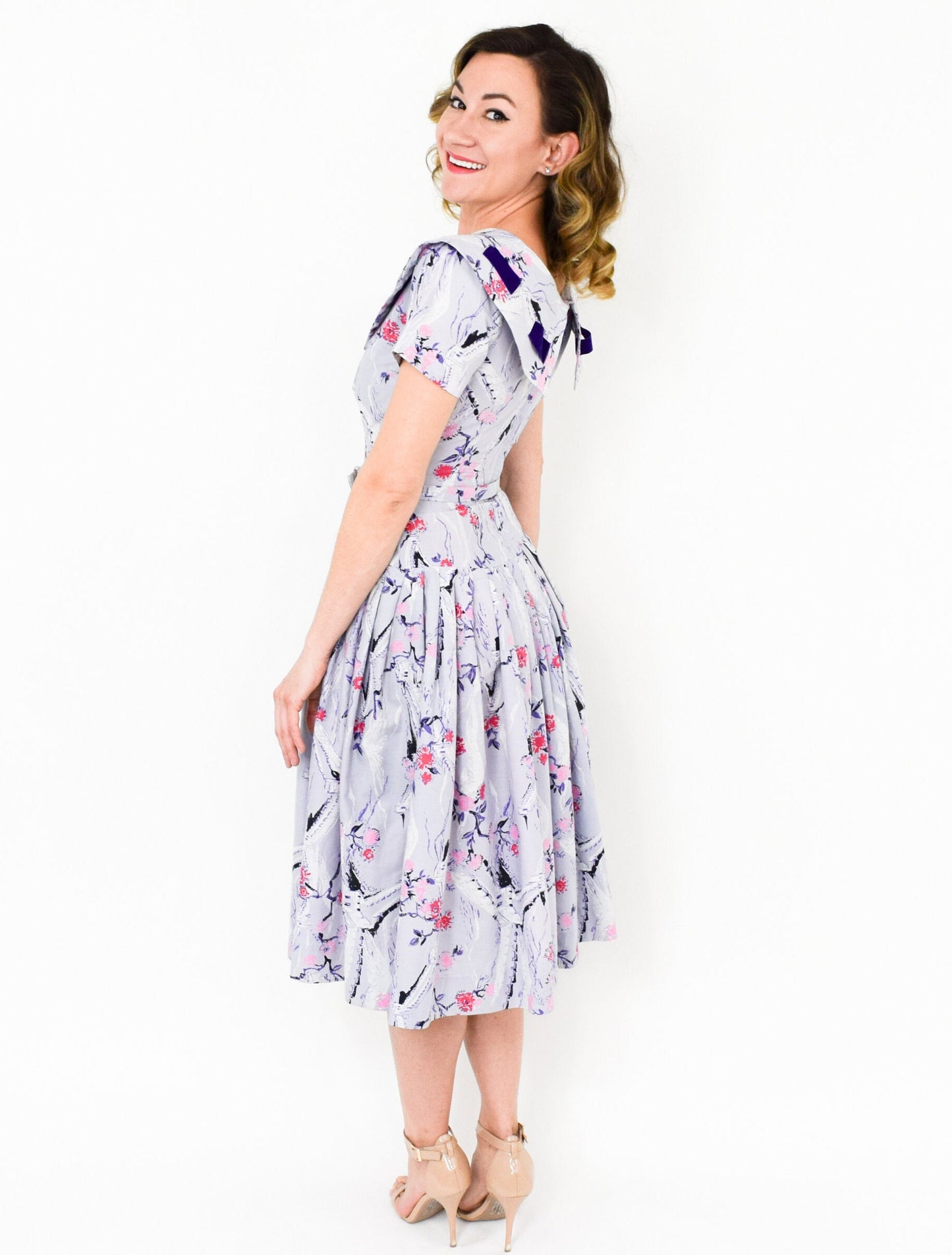 1950s Lavender Purple Novelty Print Cotton Dress, Small