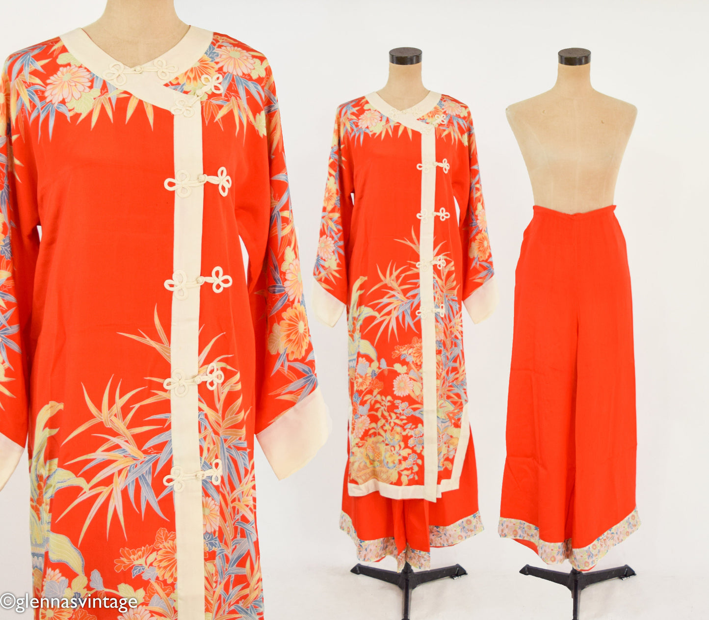 1940s Orange Print Silk Robe and Pajama Set, Large