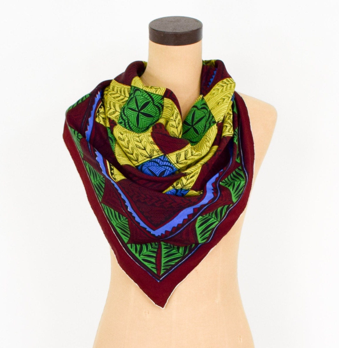 1950s Tiki Print Silk Scarf | Brown Checkerboard Headscarf
