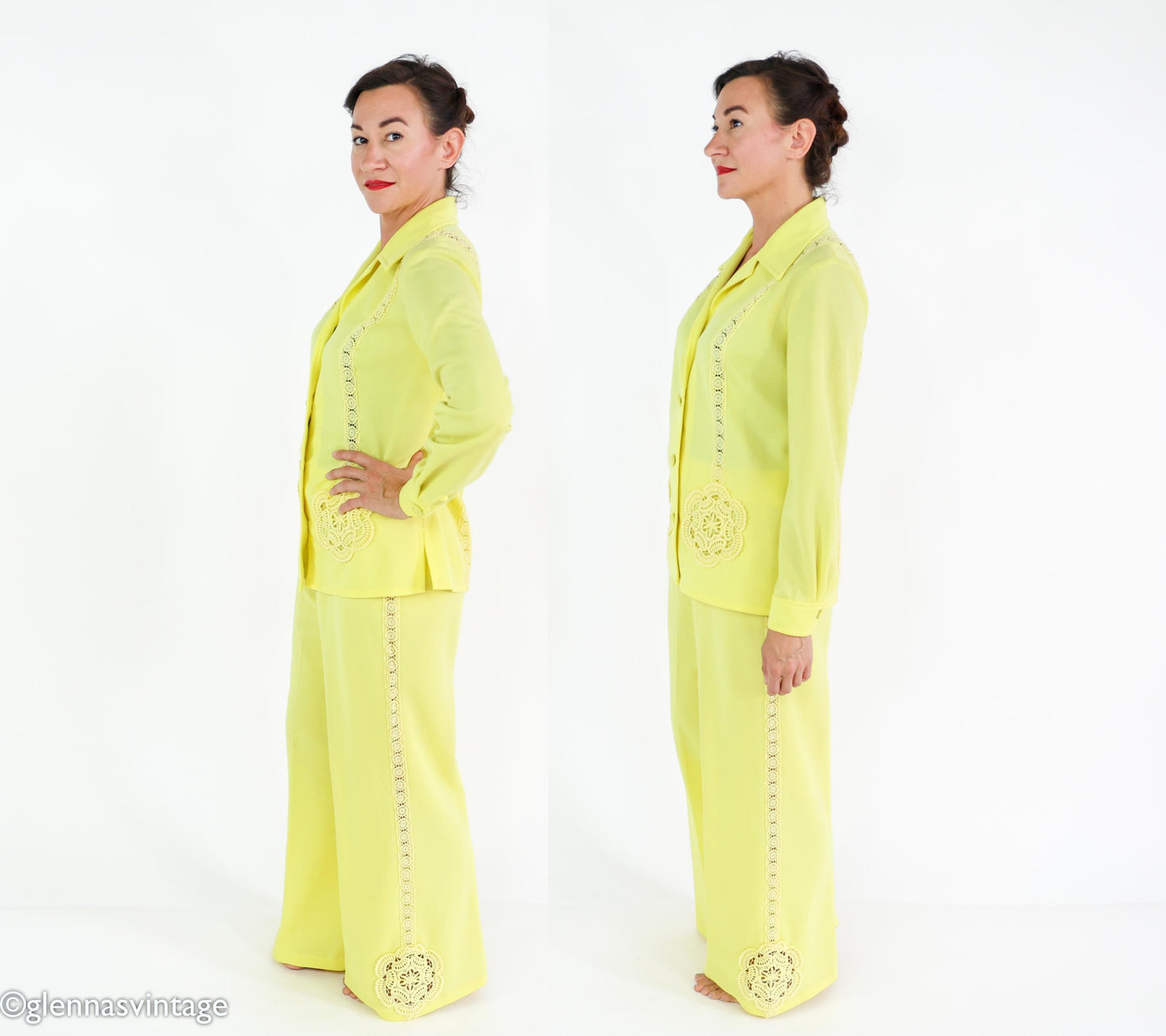 1960s Yellow Polyester Top & Pants Set, Large