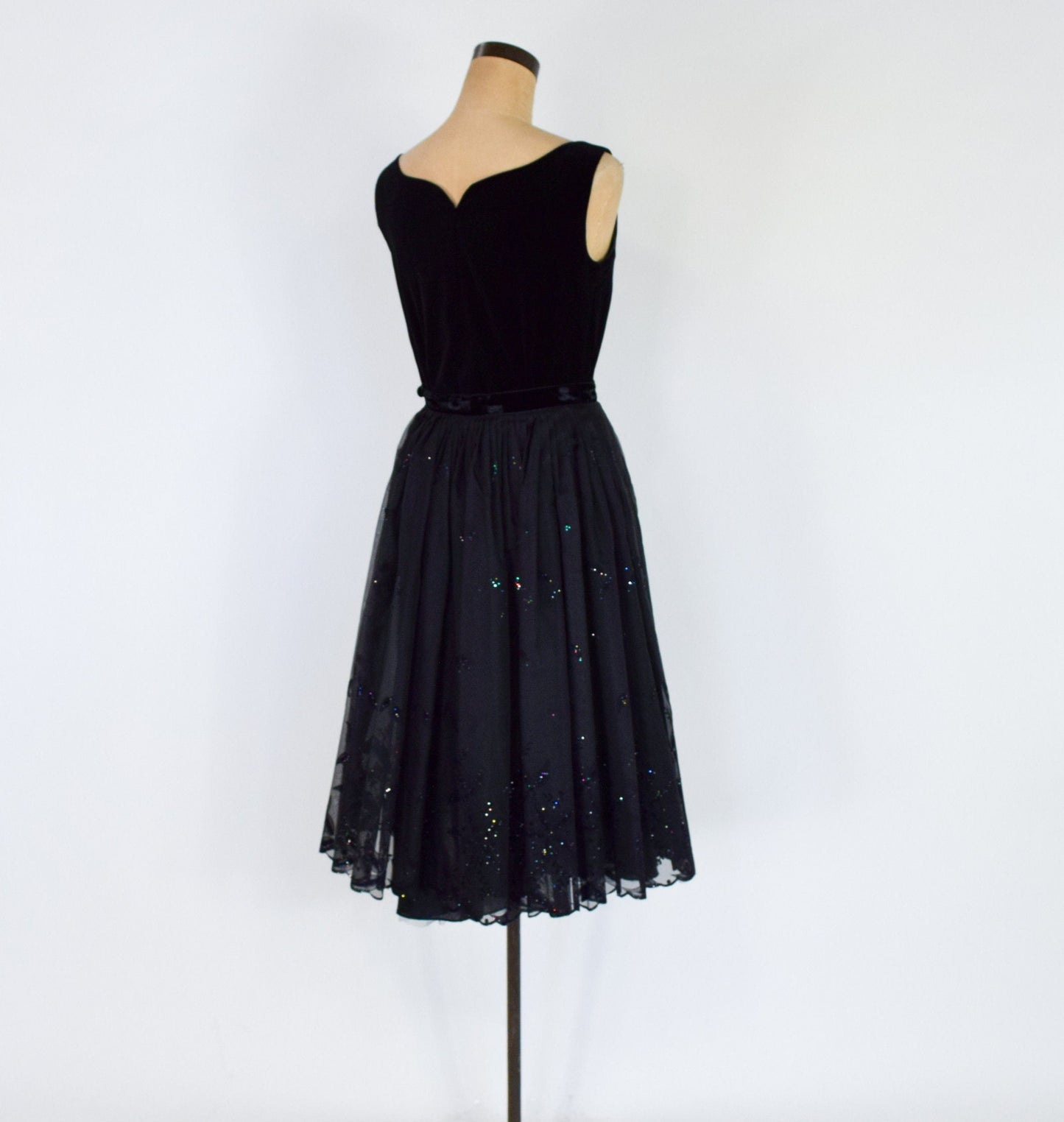 1950s Black Glitter Evening Skirt Set | 50s Black Organza Full Skirt & Velvet Top | Small