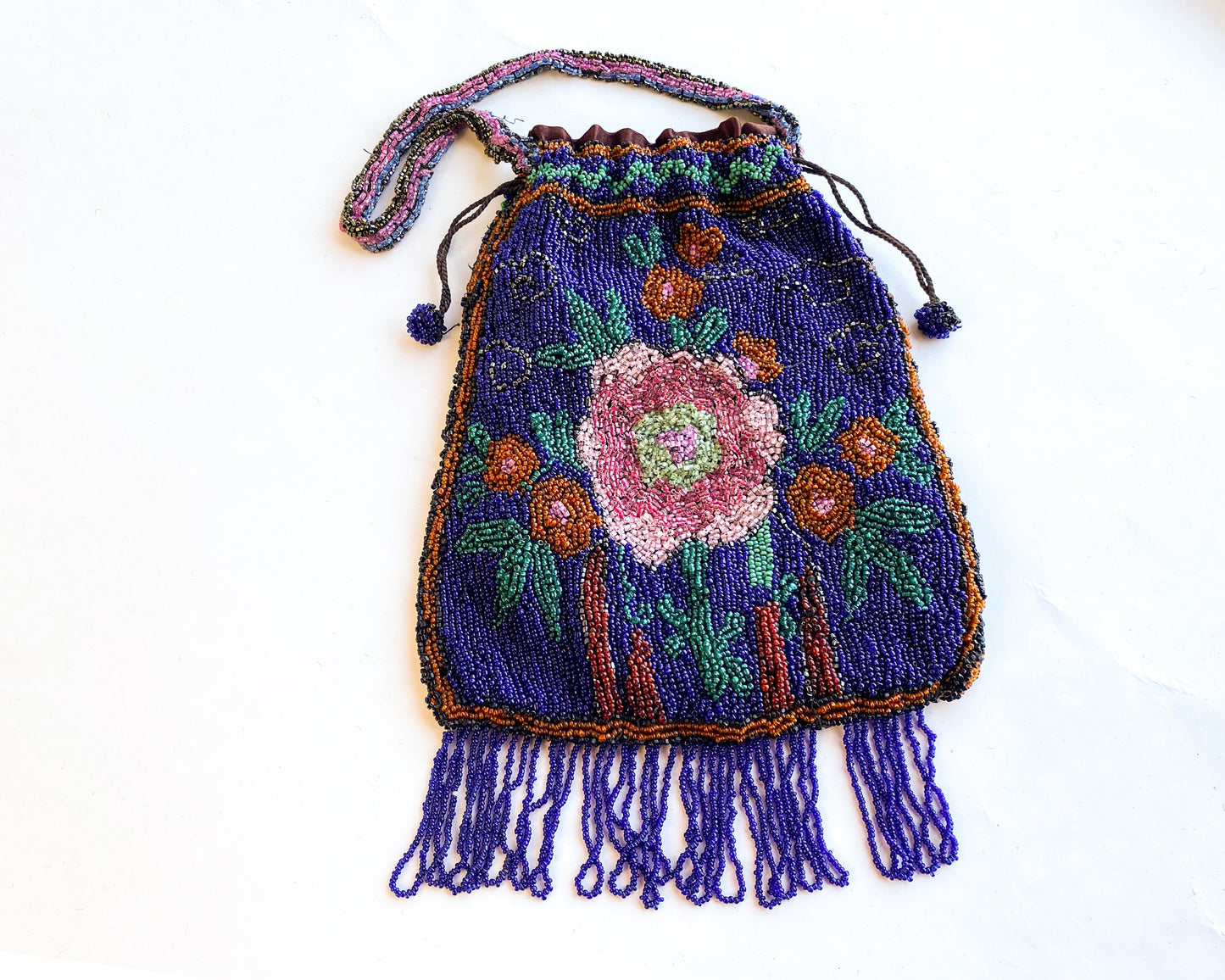 1900s Blue Floral Beaded Evening Bag | Blue & Pink Flower Beaded Handbag | Gustus Katz