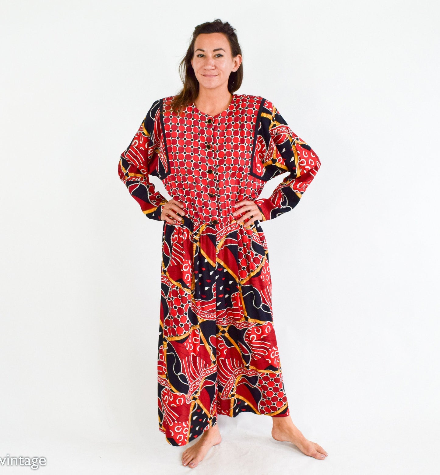 1980s Red Print Wide Leg Jumpsuit, Large