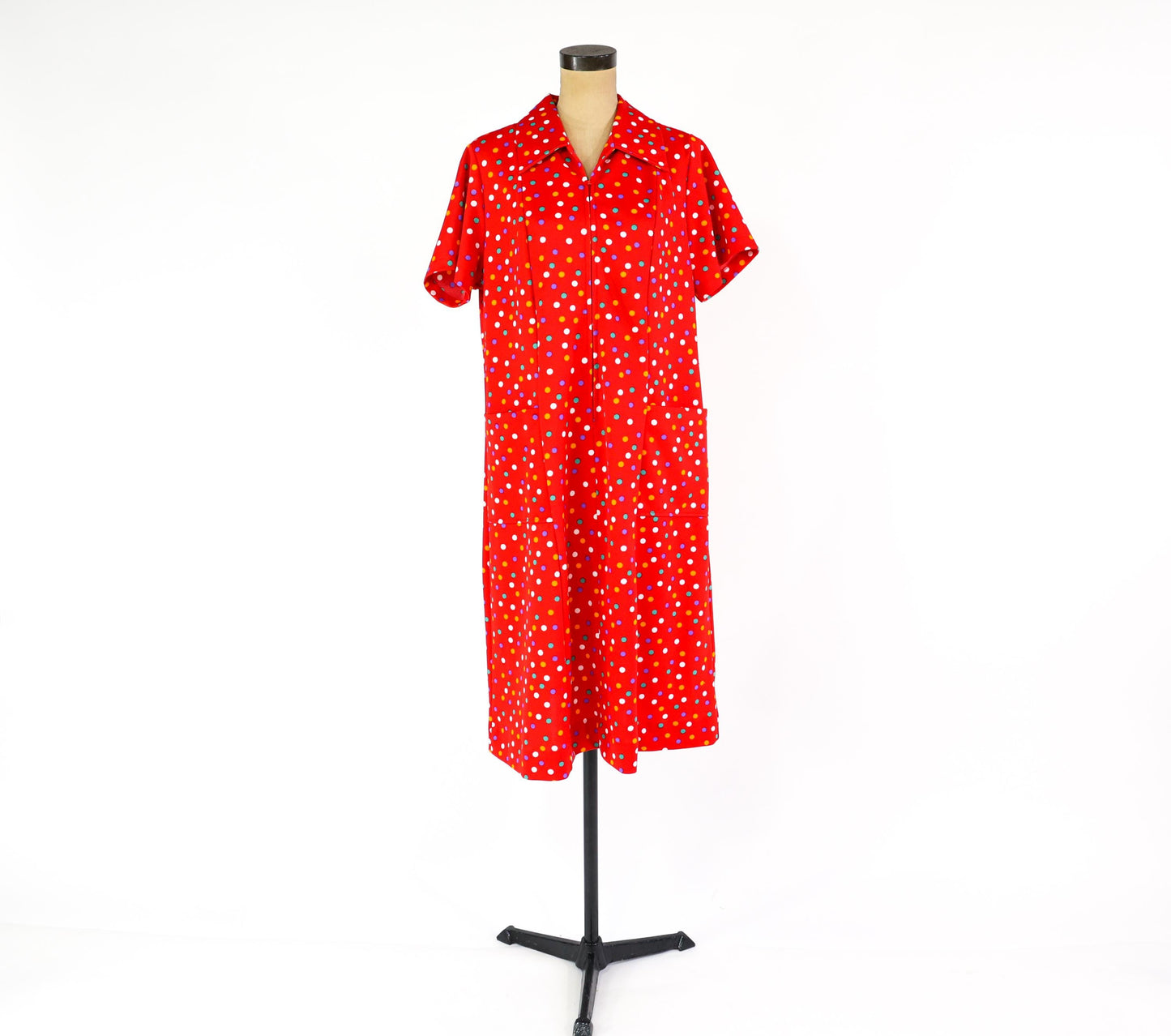 1970s Red Polka Dot Dress, XL 42" Waist