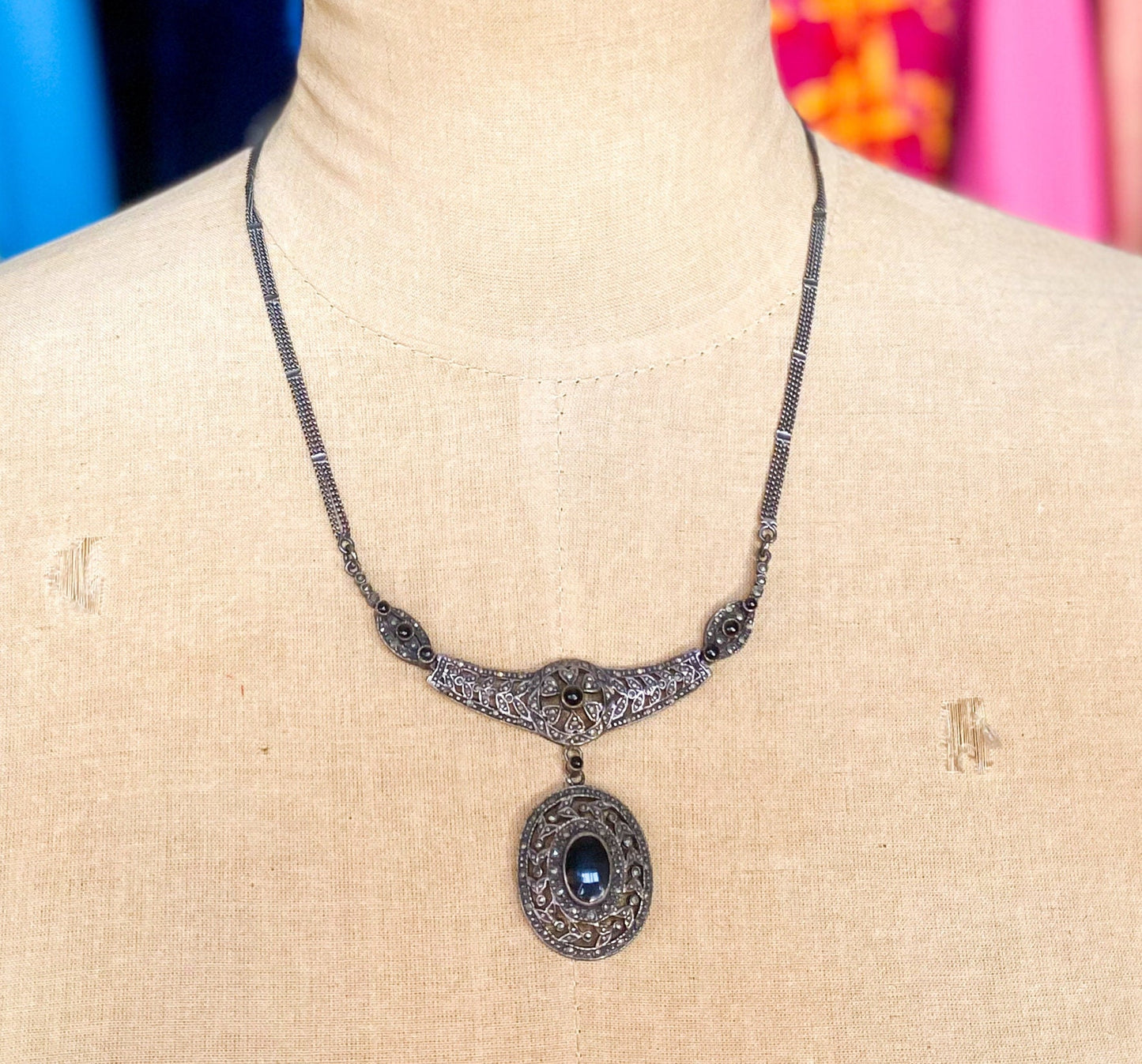 1940s Marcasite & Silver Pendant Necklace | 40 Silver Marcasite Necklace