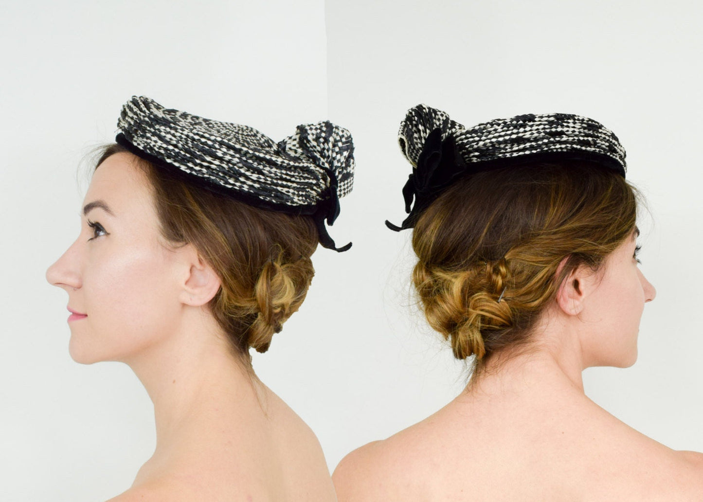1950s Black & White Woven Straw Hat,  Fascinator with Velvet Bow