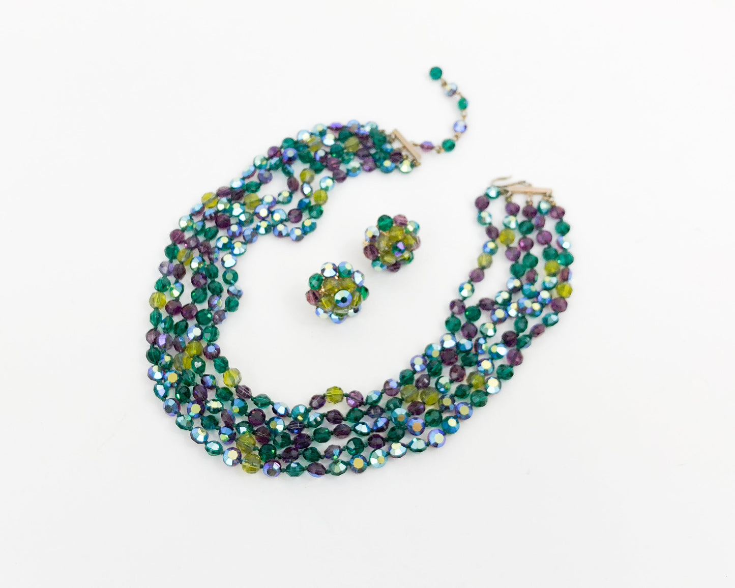Vogue | 1960s Blue Green Crystal Necklace Set | 60s Green Faceted AB Crystal Set | Blue Multi Strand Necklace & Earrings | Vogue