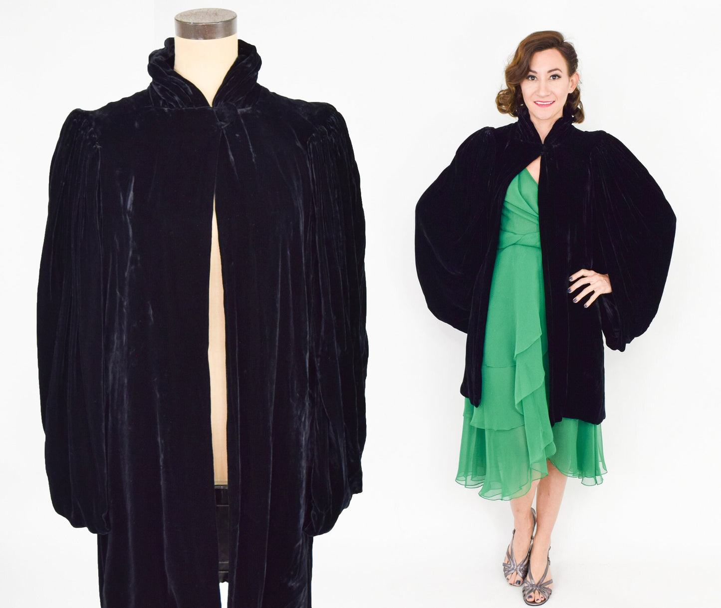1930s Black Silk Velvet Evening Coat with Black Draped Sleeves Cape, Medium