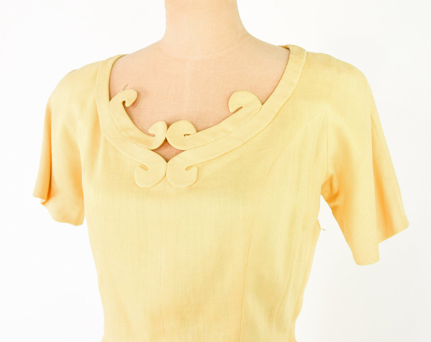 1950s Yellow Linen Dress | 50s Butter Yellow Linen Dress | Bombshell | Pin Up | Paul Parnes | Medium