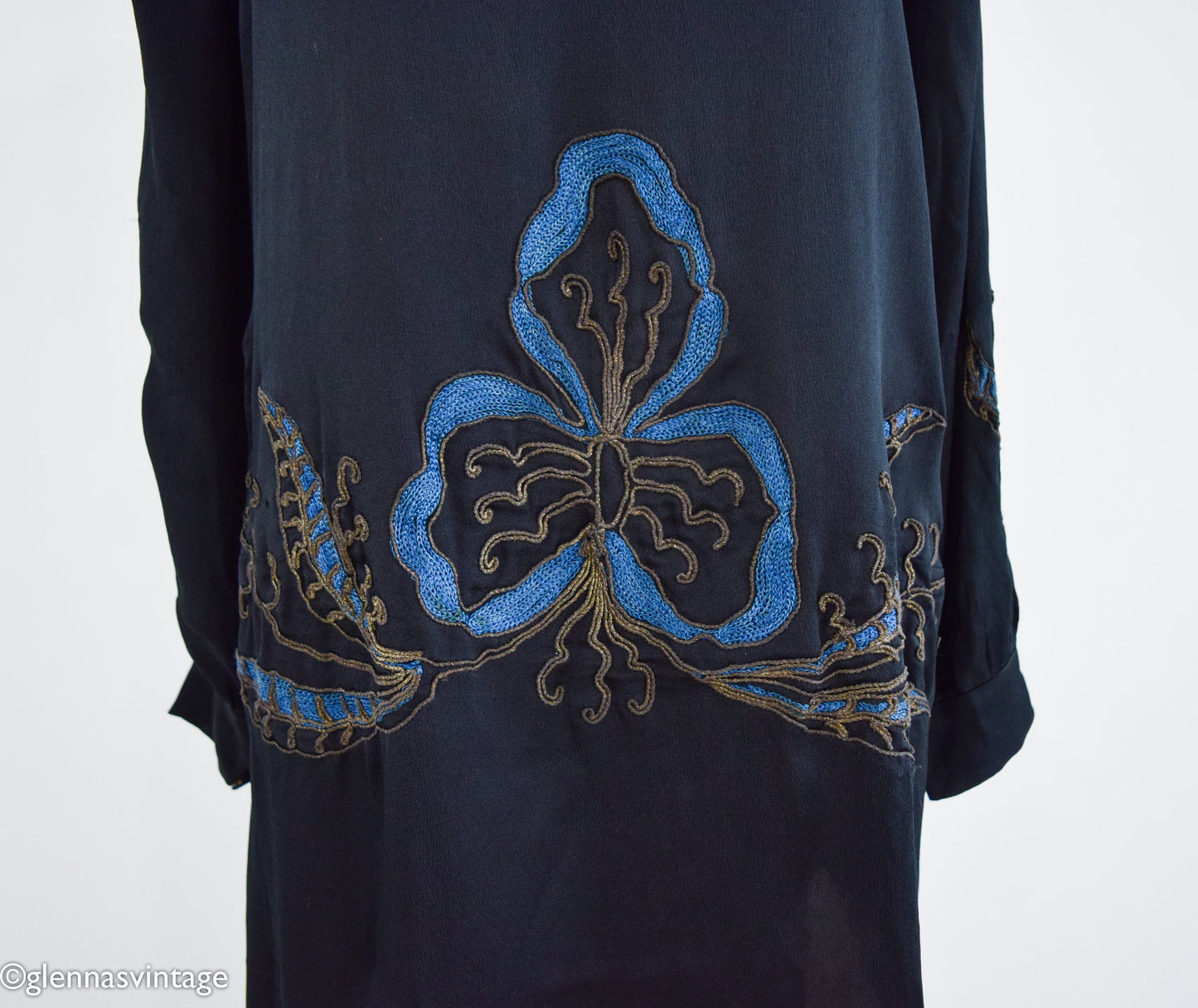 1920s Art Deco Black Silk Dress | Embroidered Drop Waist, Medium