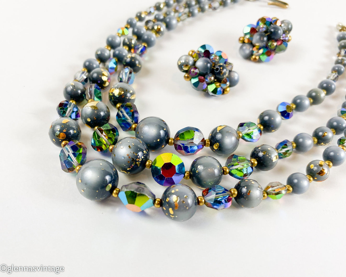 1960s Gray Aurora Borealis Necklace and Clip Earrings Set