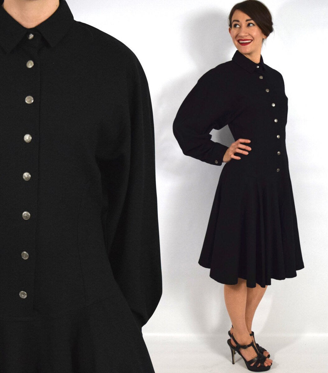 Byblos | 1990s Black Wool Dress | 90s Black Pleated Wool Gabardine Dress | Black Wool Dress  | Byblos | Medium