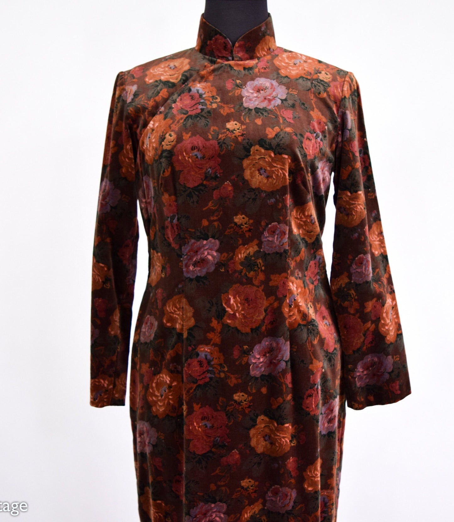 1950s Brown Floral Velvet Cheongsam Dress, Small