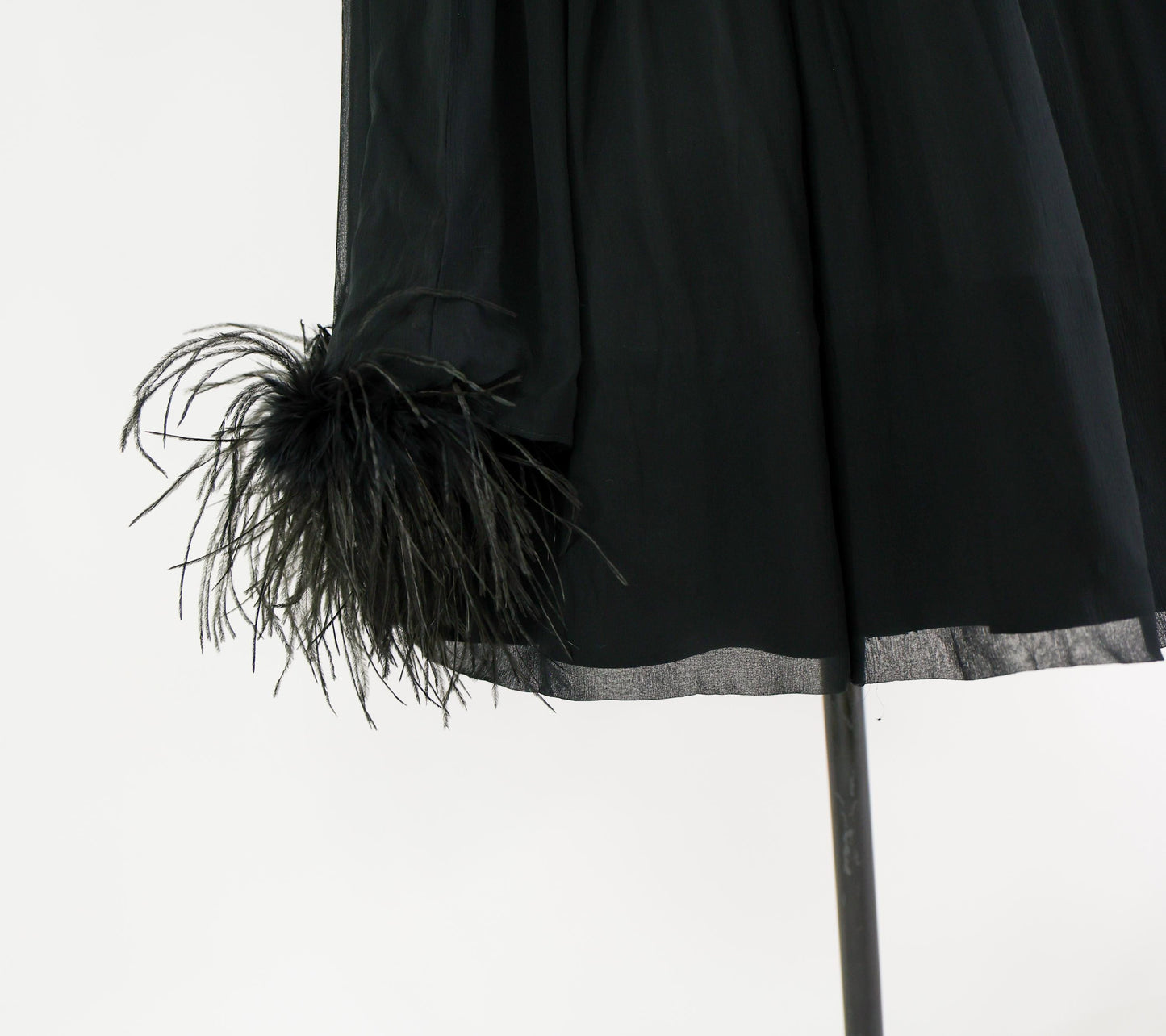 1950s Feather Sash Black Silk Cocktail Gown, Small