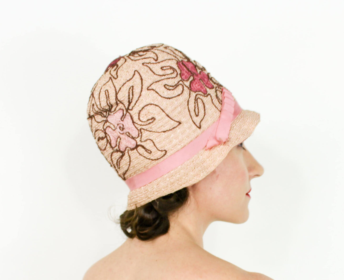 1920s Style Cloche Hat, Pink Floral Embroidered Flapper Hat, Downton Abbey Era