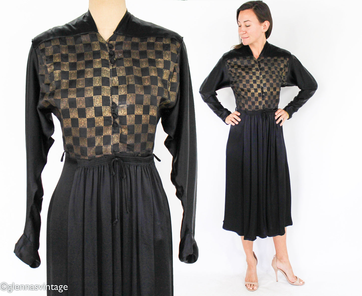1940s Gold & Black Silk Dress | 40s Black Silk Embroidered Dress | Tula | Small