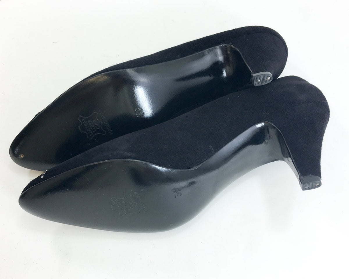 1980s Lanvin Black Suede Rhinestone Embellished Heels, US 9, 38