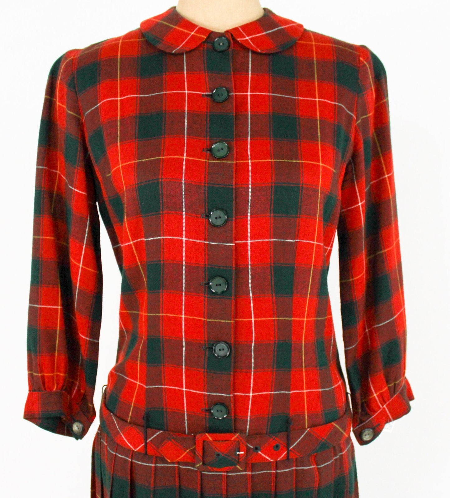 1960s Red Plaid Wool Dress | 60s Plaid Red & Green Dress | Bobbie Brooks | Medium