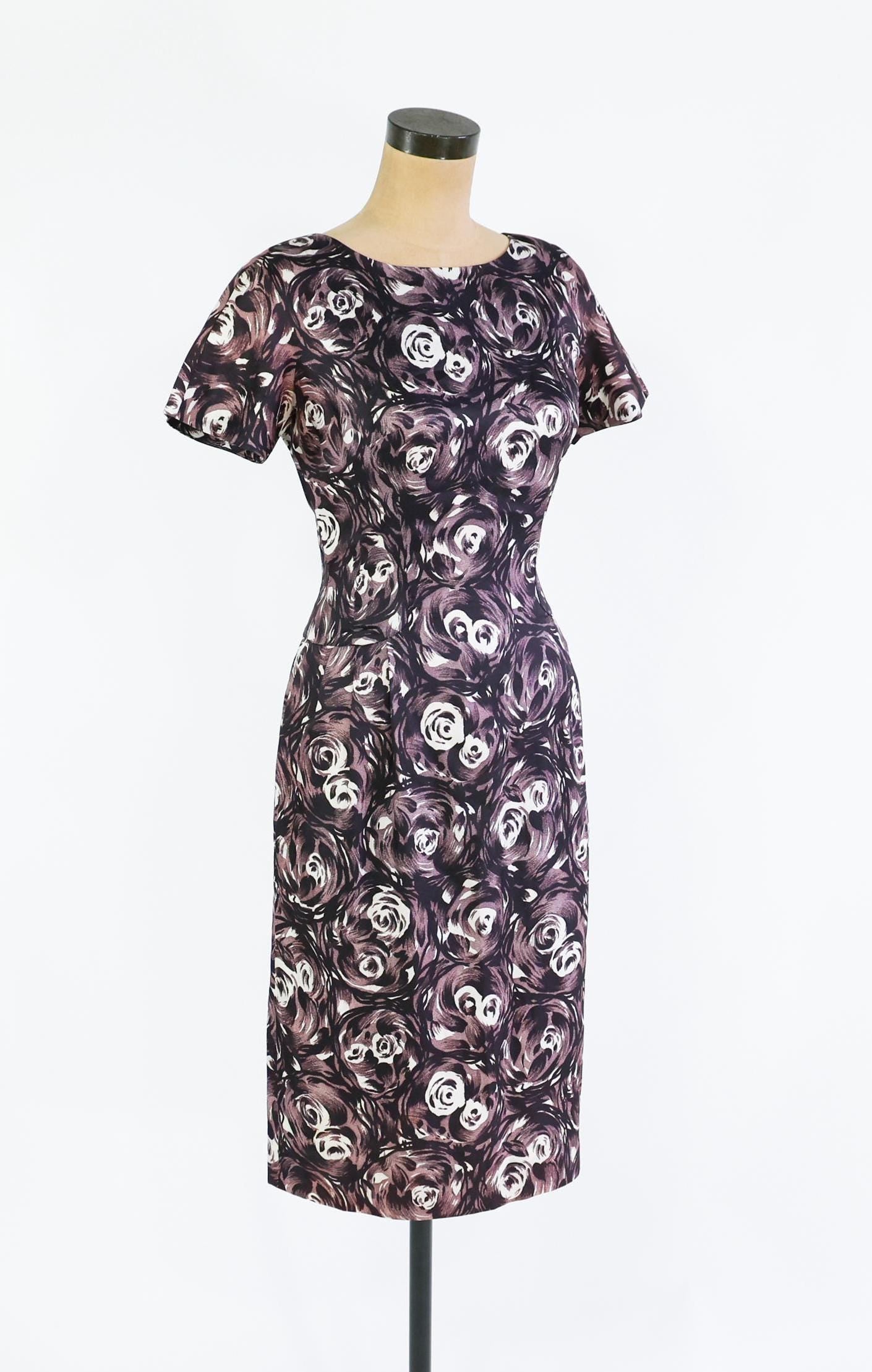 1950s Black & Gray Rose Print Dress, Small