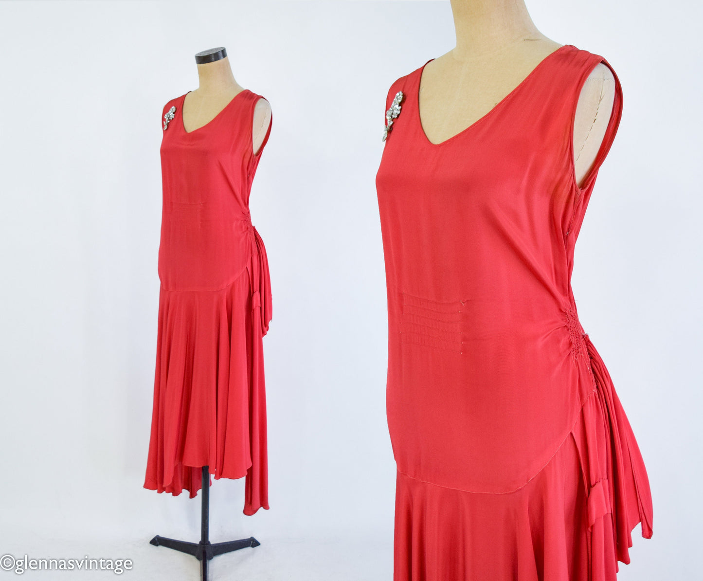 1930s Red Silk Crepe Evening Dress, Gatsby Party Gown, Small