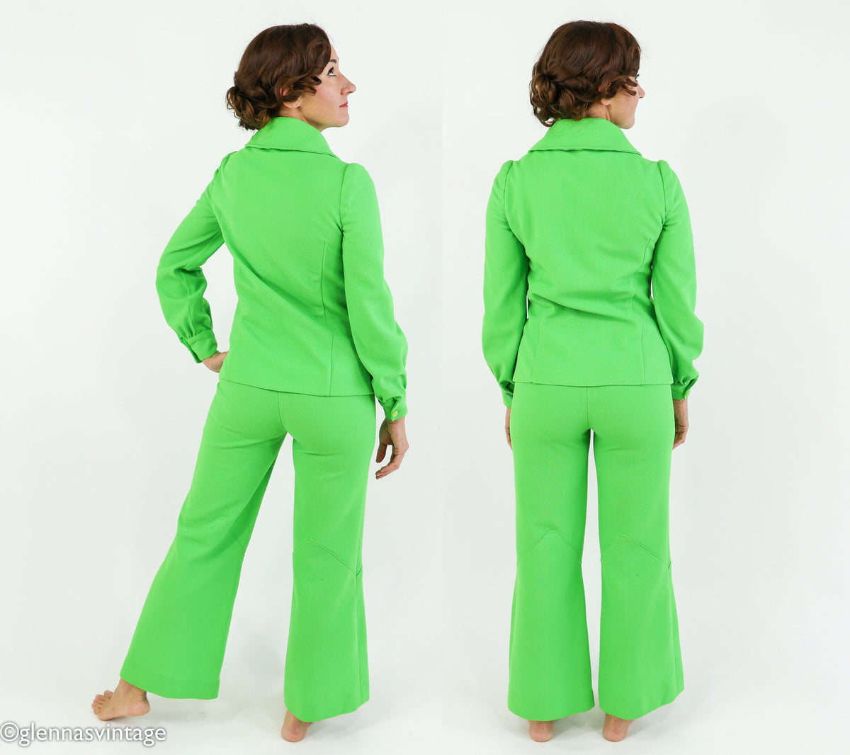 1970s Bright Green Polyester Pantsuit, Top & Pants Set, Small