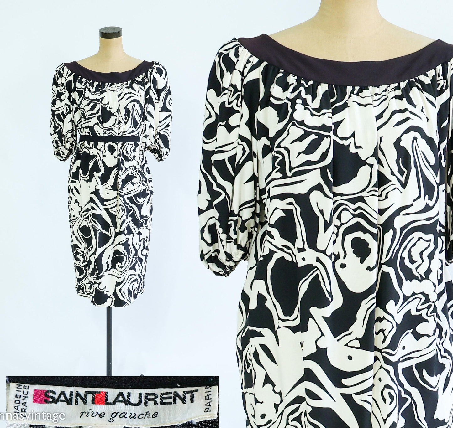 Saint Laurent | 1980s Black & White Crepe Abstract Dress  | 80s Black and White Floral Short Dress | Saint Laurent Paris | Large