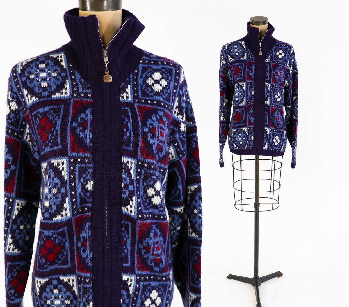 1960s Jantzen Nordic Cardigan Sweater Jacket, Blue & White Knit, Large