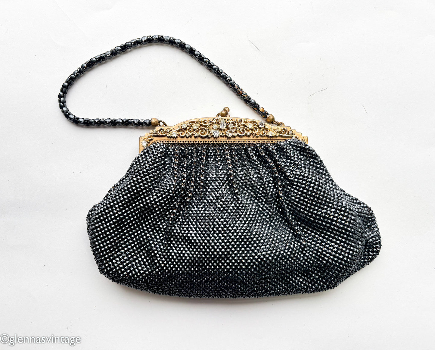 1930s Whiting & Davis Black Mesh Handbag | Rhinestone Evening Bag