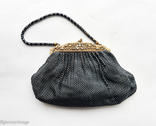 1930s Whiting & Davis Black Mesh Handbag | Rhinestone Evening Bag
