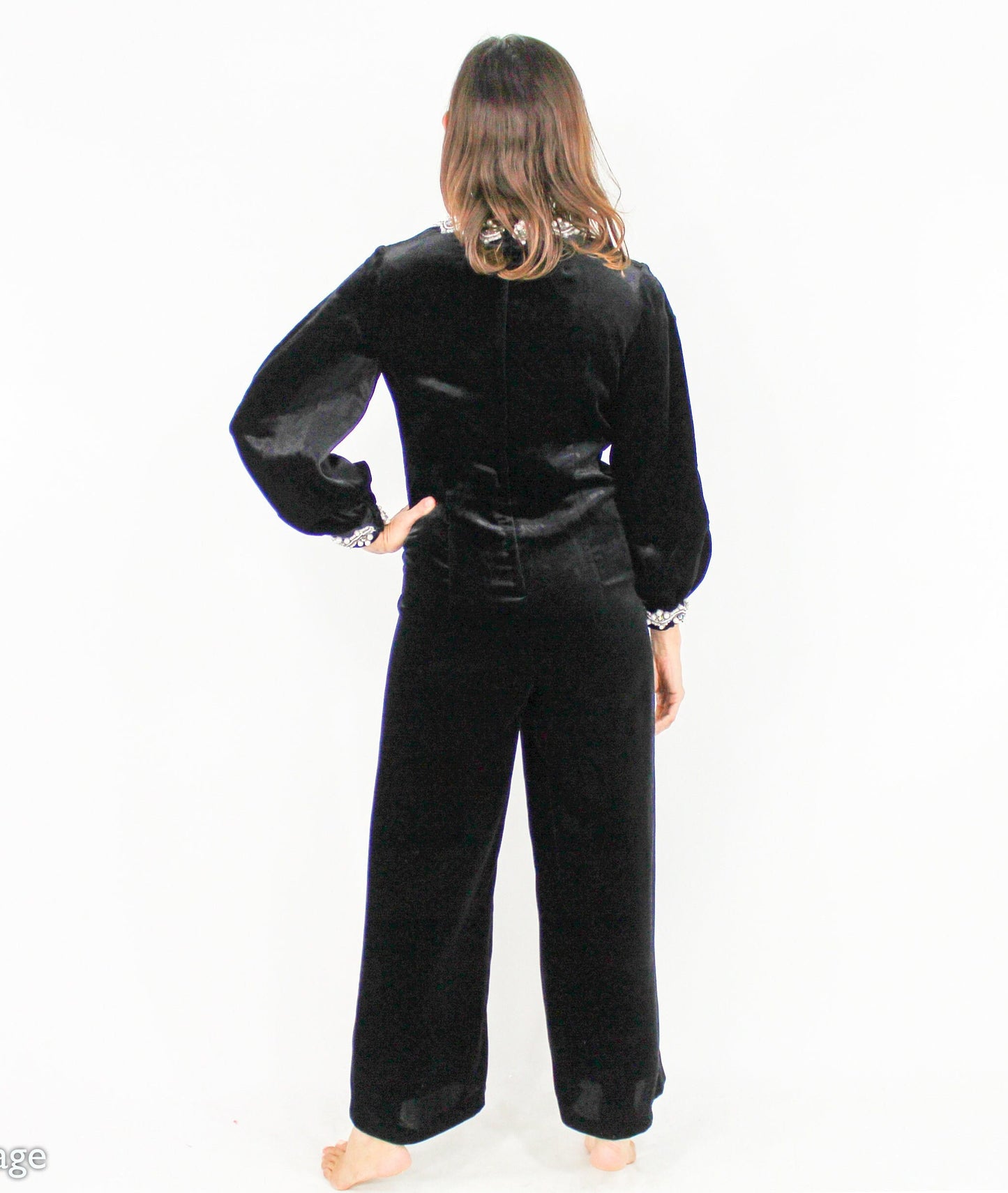 1970s Vintage Black Velvet Jumpsuit with Beaded Trim, Small