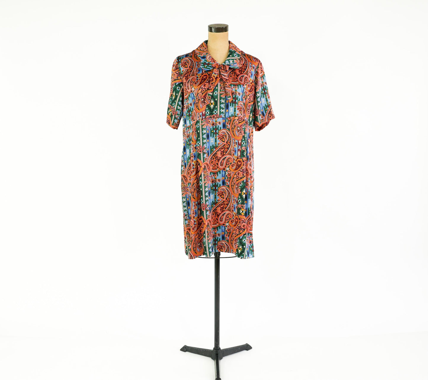 1960s Orange & Blue Paisley Print Dress, 38" Waist