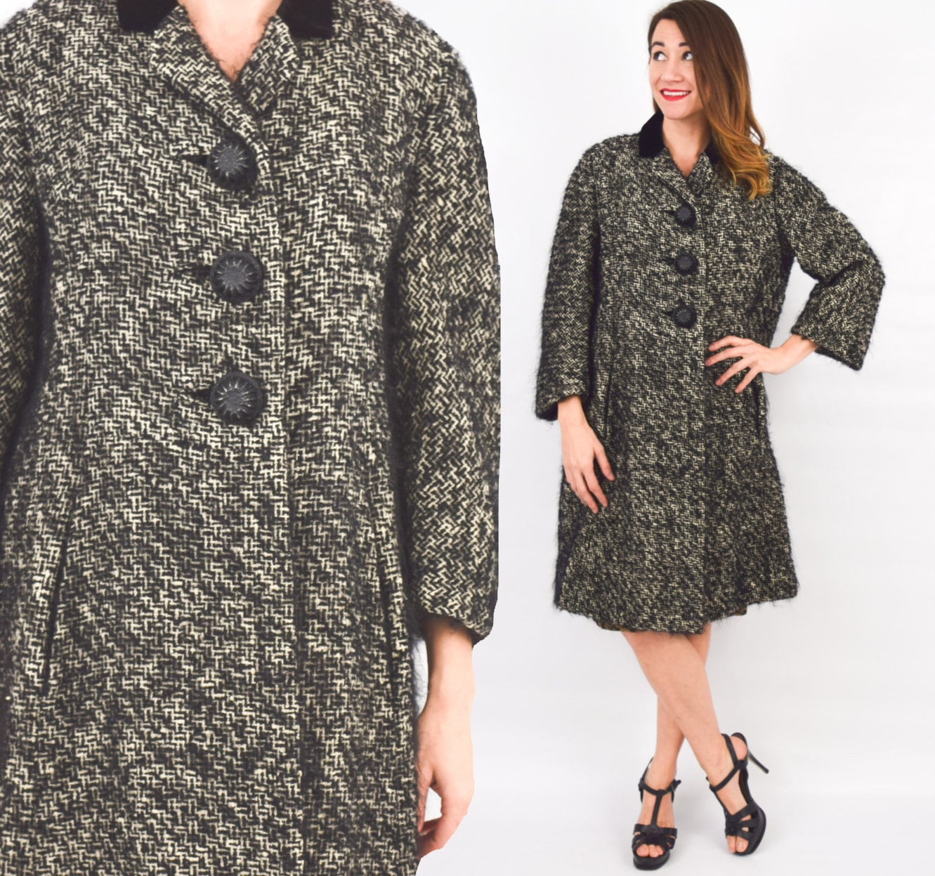 1960s Black Tweed Wool Coat | 60s Black Velvet & Mohair Wool Coat | Red Satin Lining | I. Magnin | Large