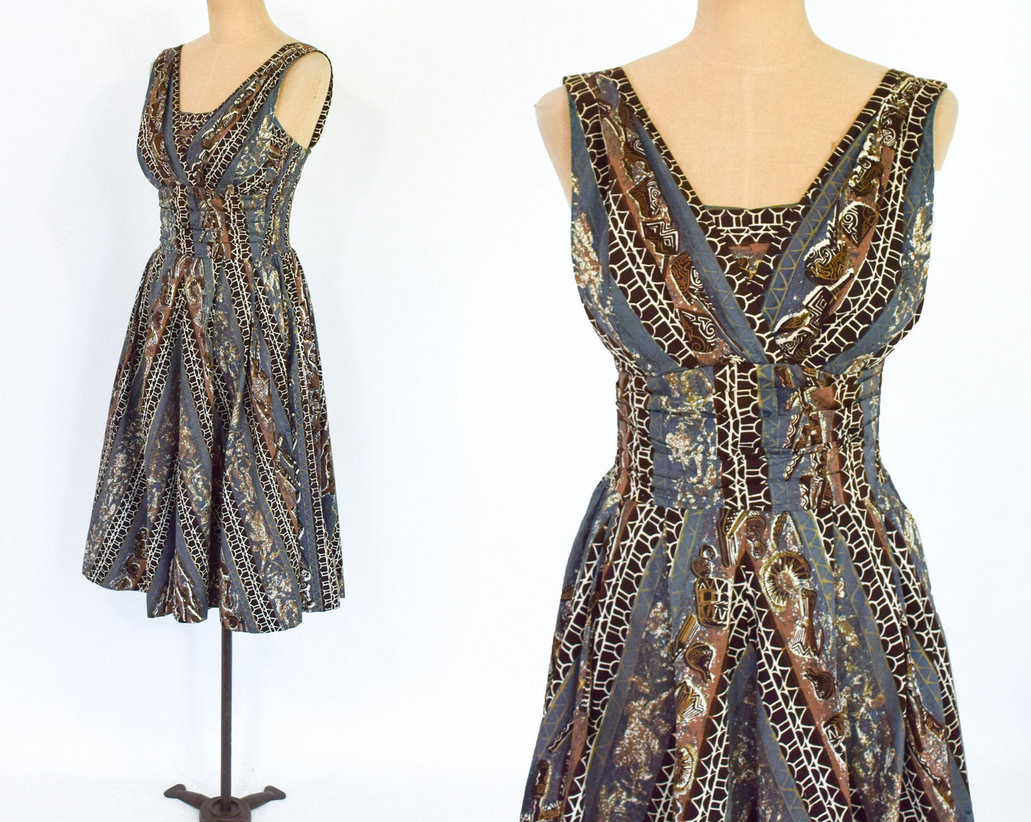1950s Brown & Grey Hawaiian Tiki Dress, Extra Small