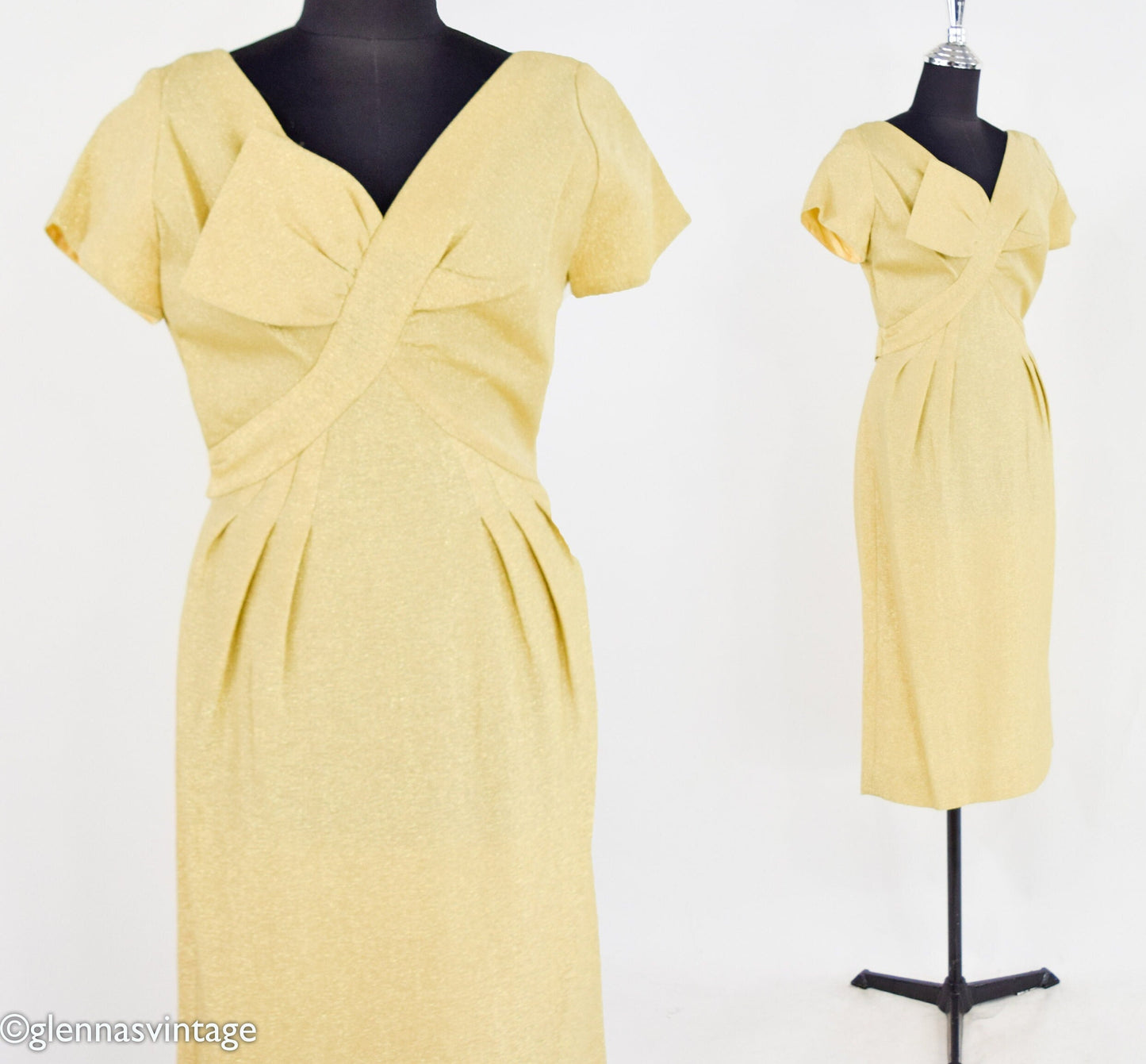 1950s Gold Lamé Cocktail Dress | Vintage Sheath, V-Neck