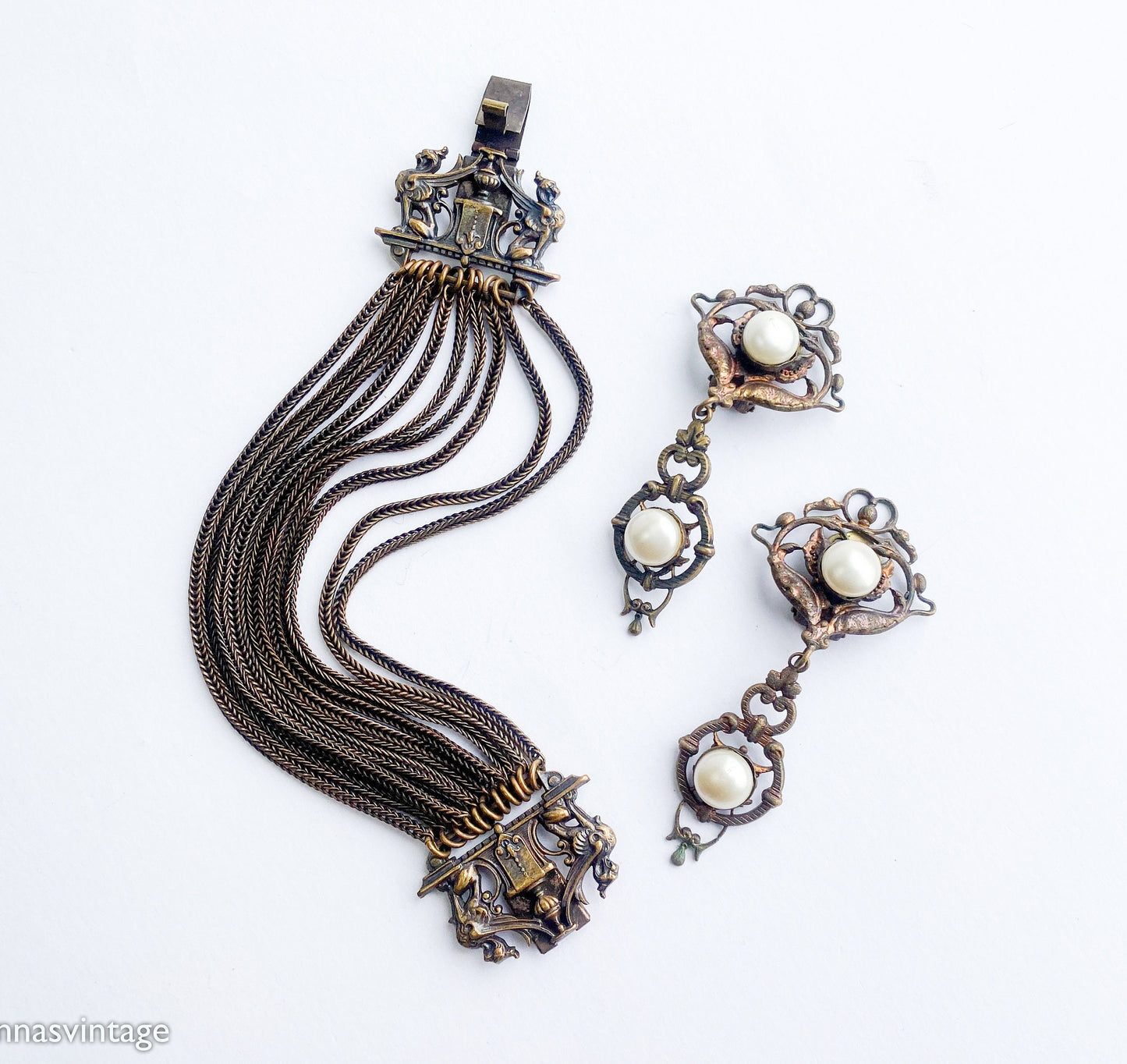 1930s Bronze Chain Bracelet & Pearl Clip Earrings, Art Nouveau Jewelry Set
