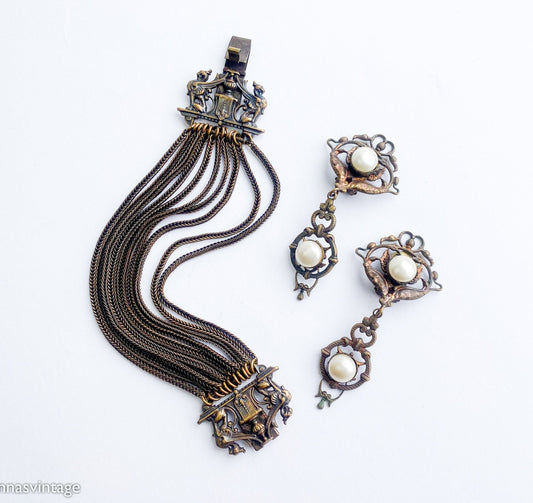 1930s Bronze Chain Bracelet & Pearl Clip Earrings, Art Nouveau Jewelry Set