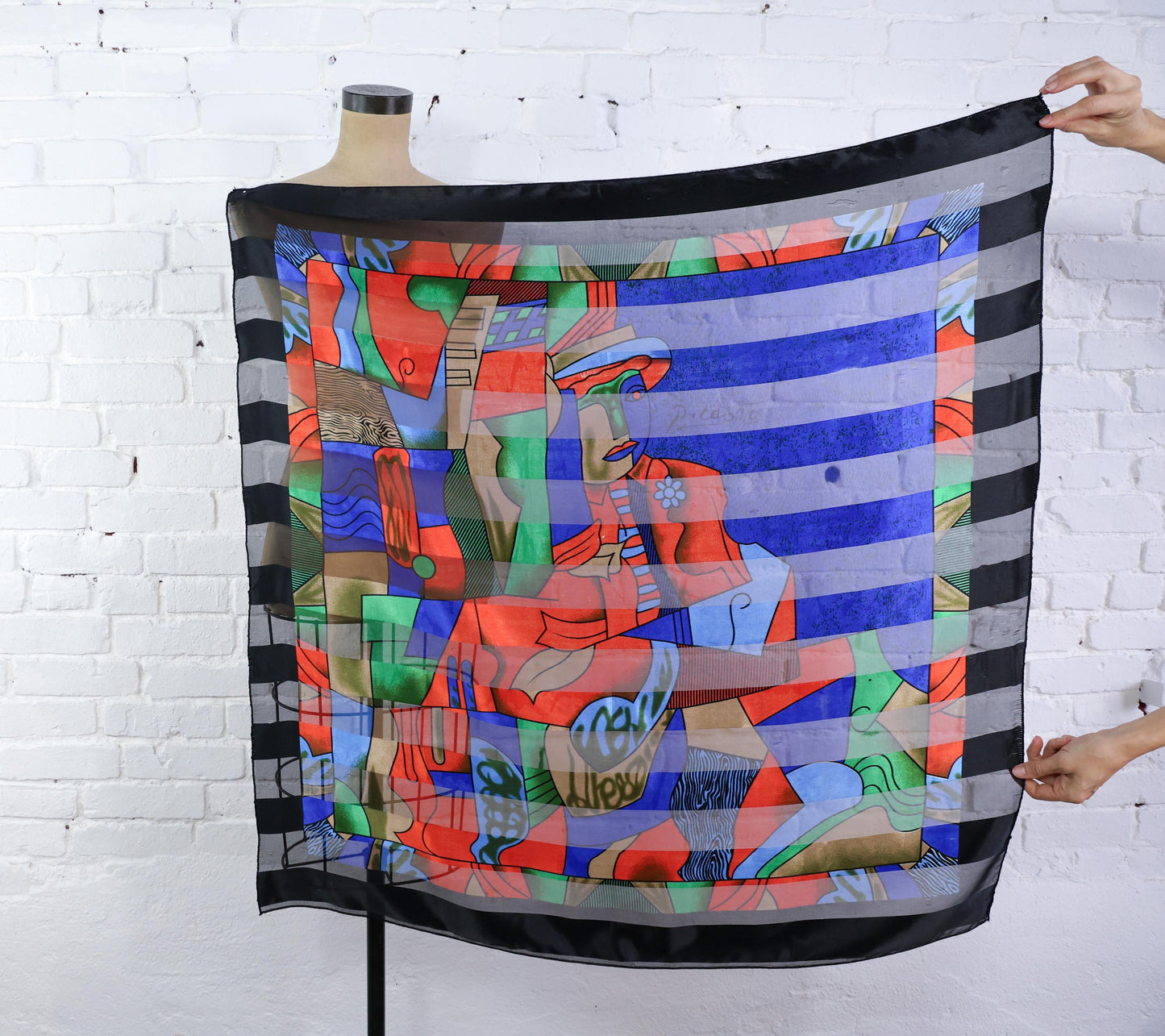 1980s Picasso Black & Blue Abstract Print Scarf