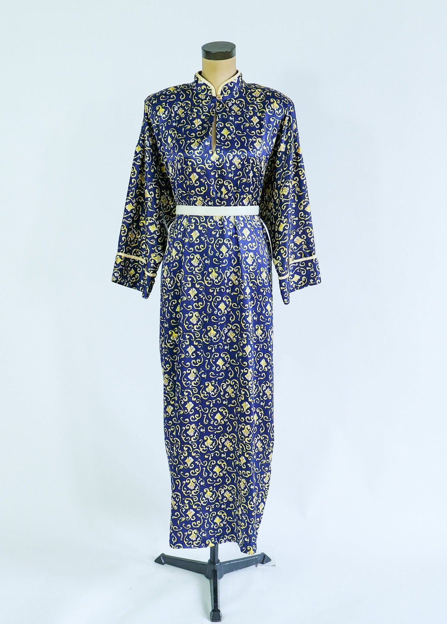 1980s Navy Satin Print Caftan | Mary McFadden | XL