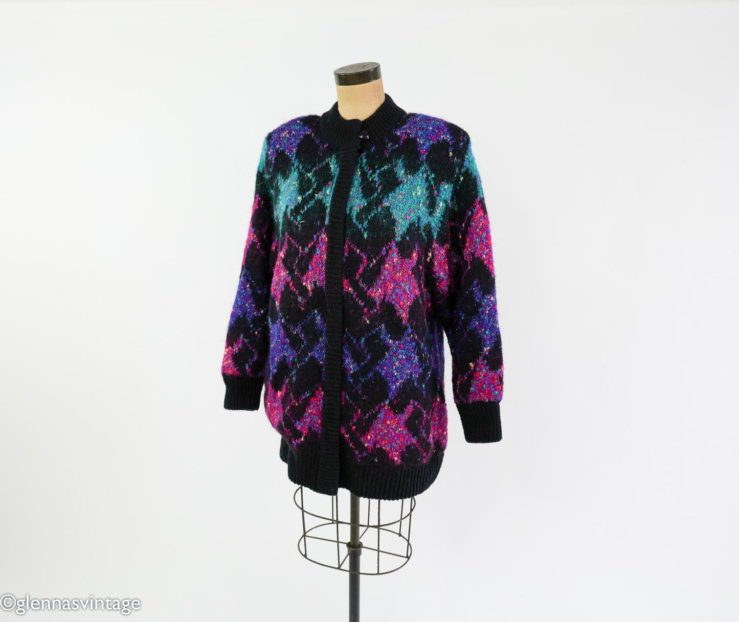 1980s Black Purple Metallic Knit Sweater Jacket, Lily of California, XL