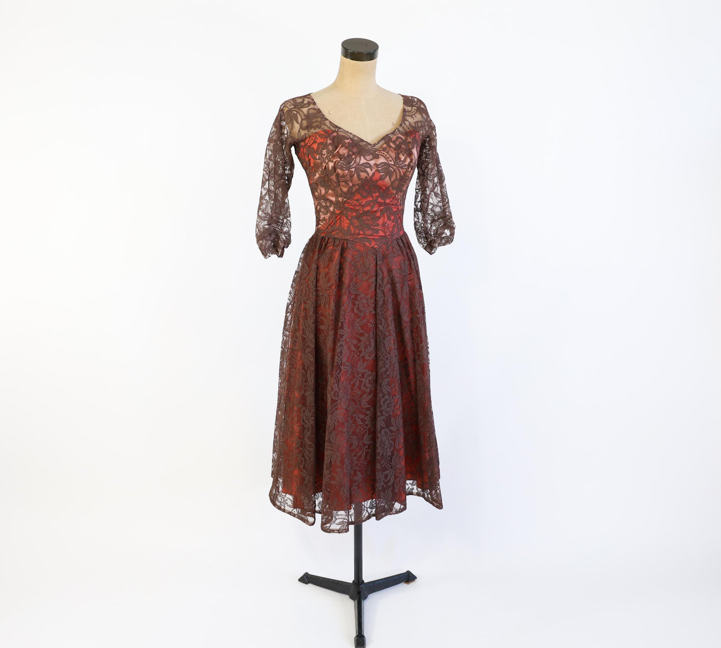 1950s Brown & Pink Lace Party Dress, Small