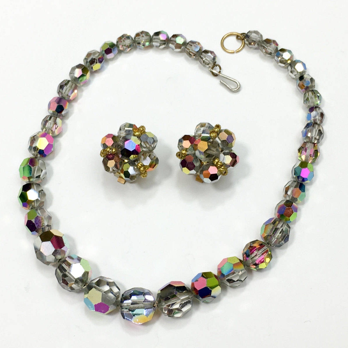 1960s Bronze Aurora Borealis Crystal Necklace & Earrings Set | 60s Gold Faceted Crystal Choker Set