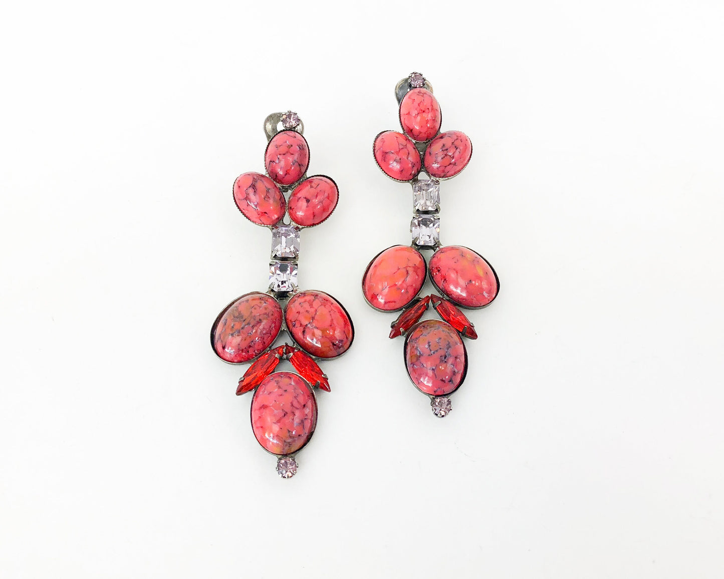 1950s Orange Stone & Rhinestone Dangle Earrings, Statement Jewelry