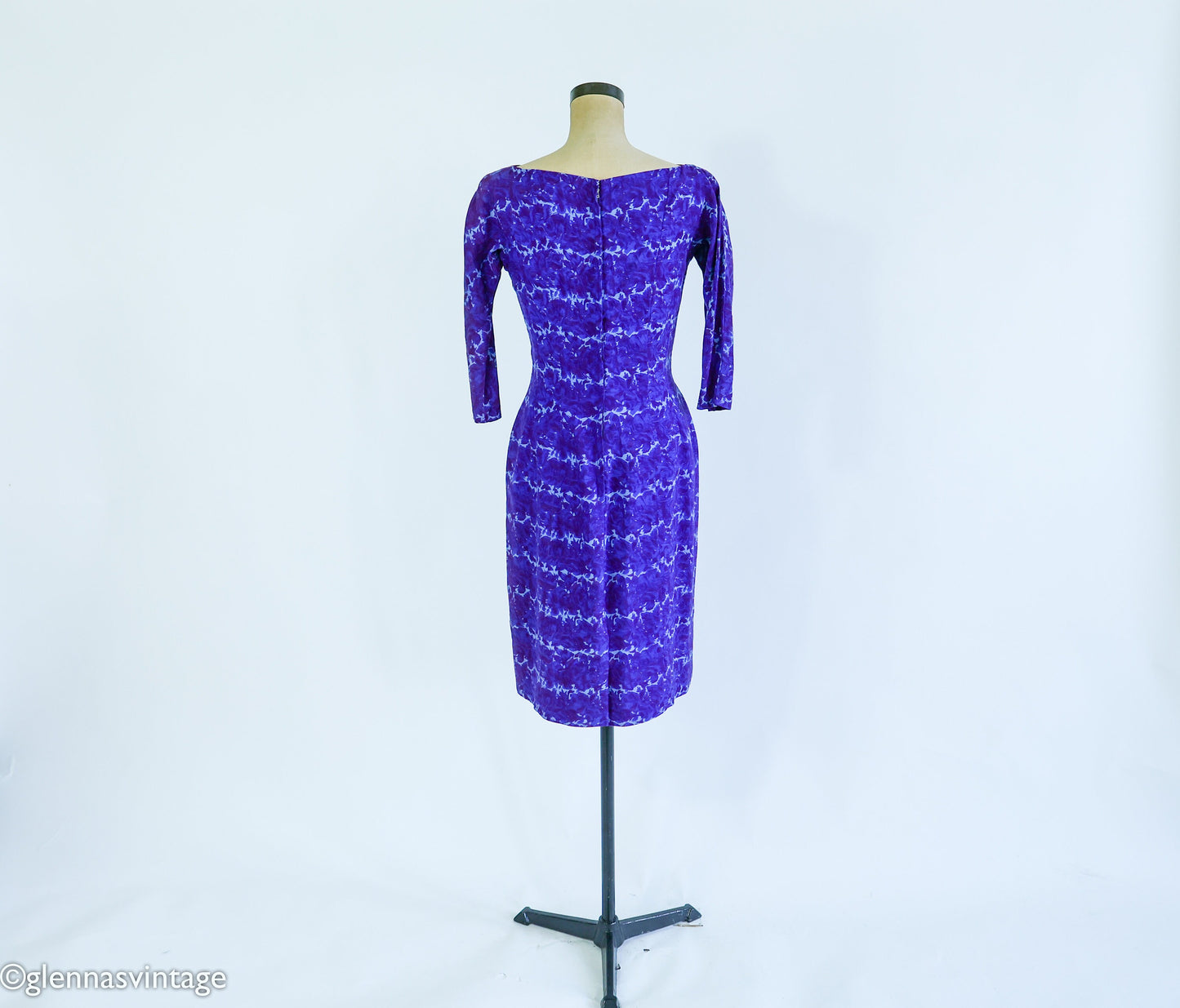1950s Purple & Blue Print Wiggle Dress, Small