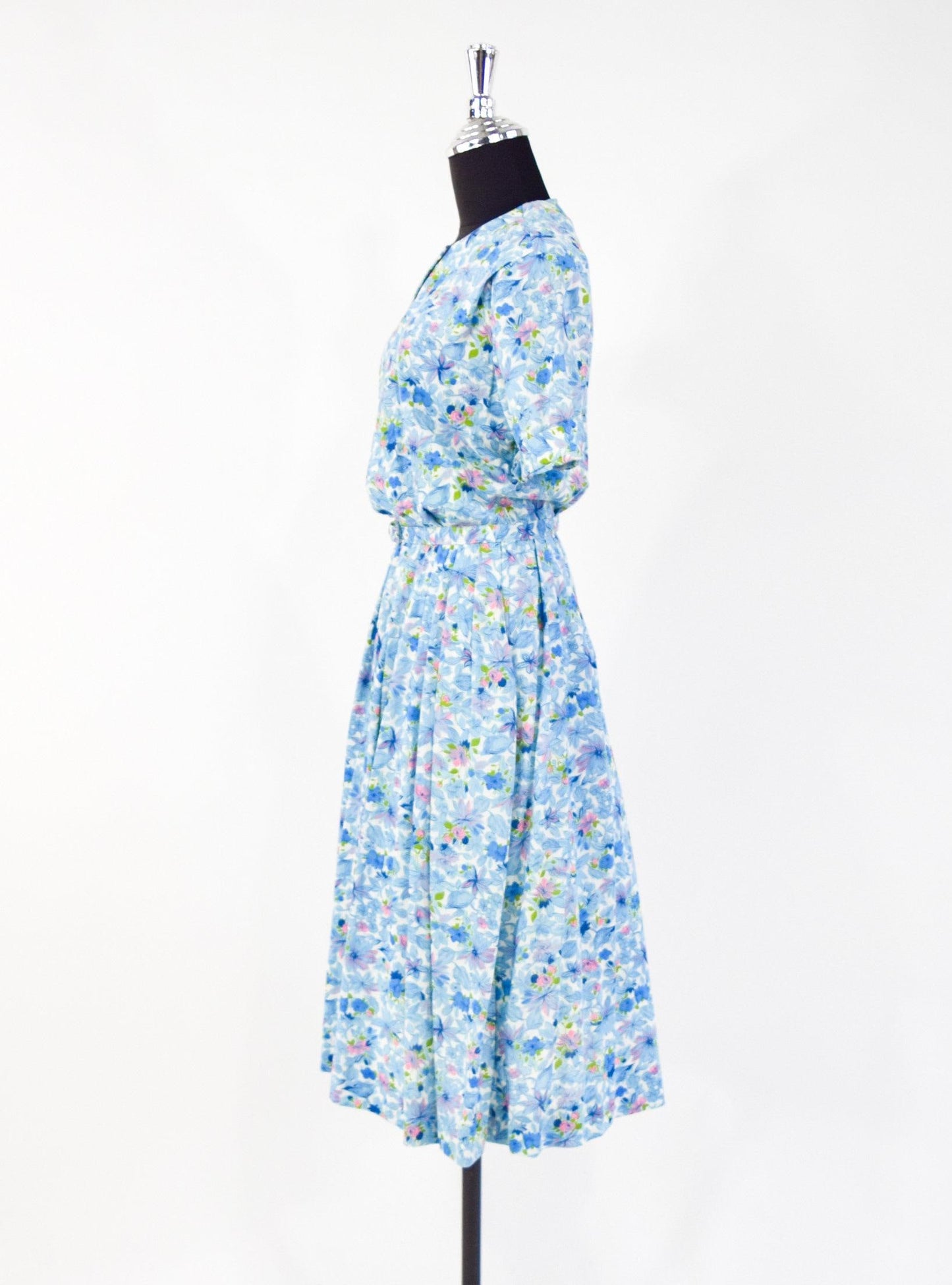 1950s Blue Floral Nylon Day Dress, Medium