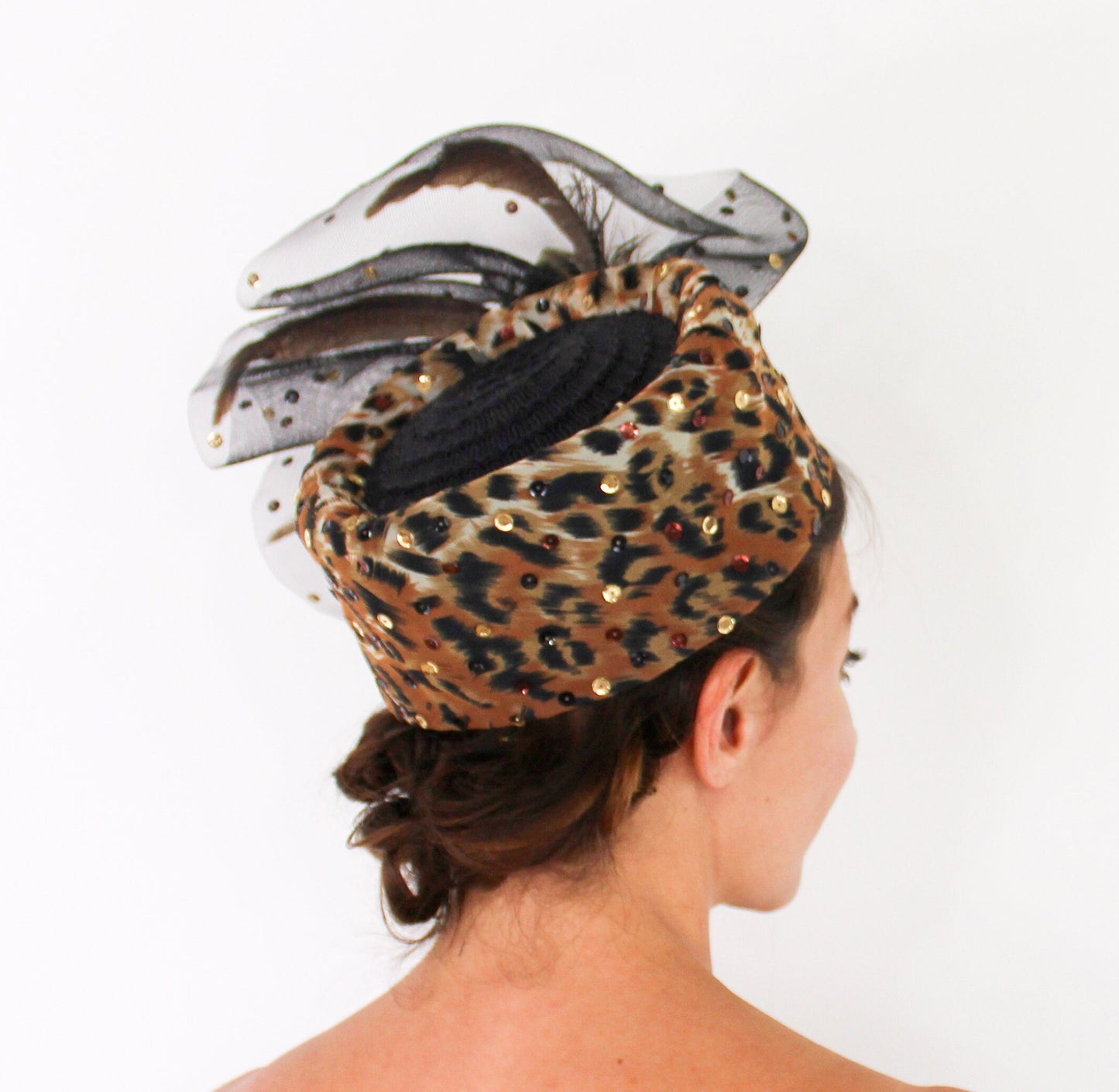 1980s Leopard Fascinator Hat with Tulle & Sequins