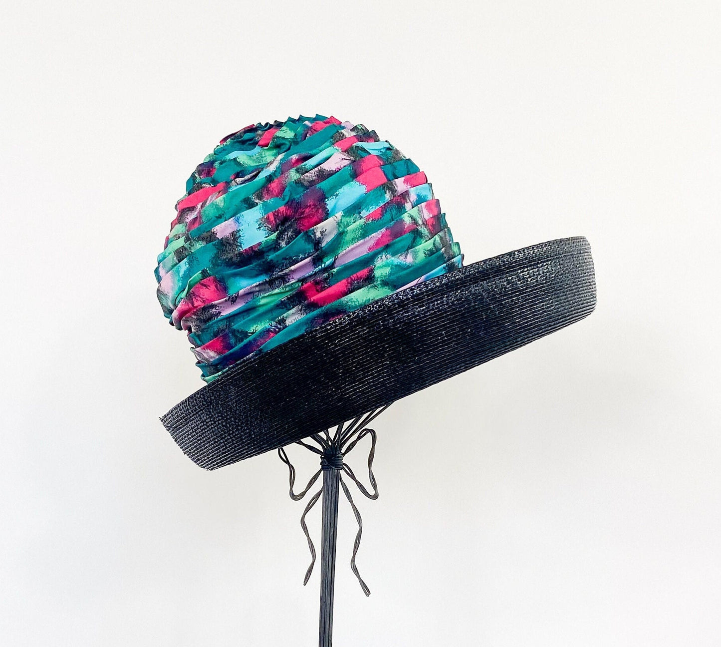 1960s Turquoise Print Silk High Crown Hat